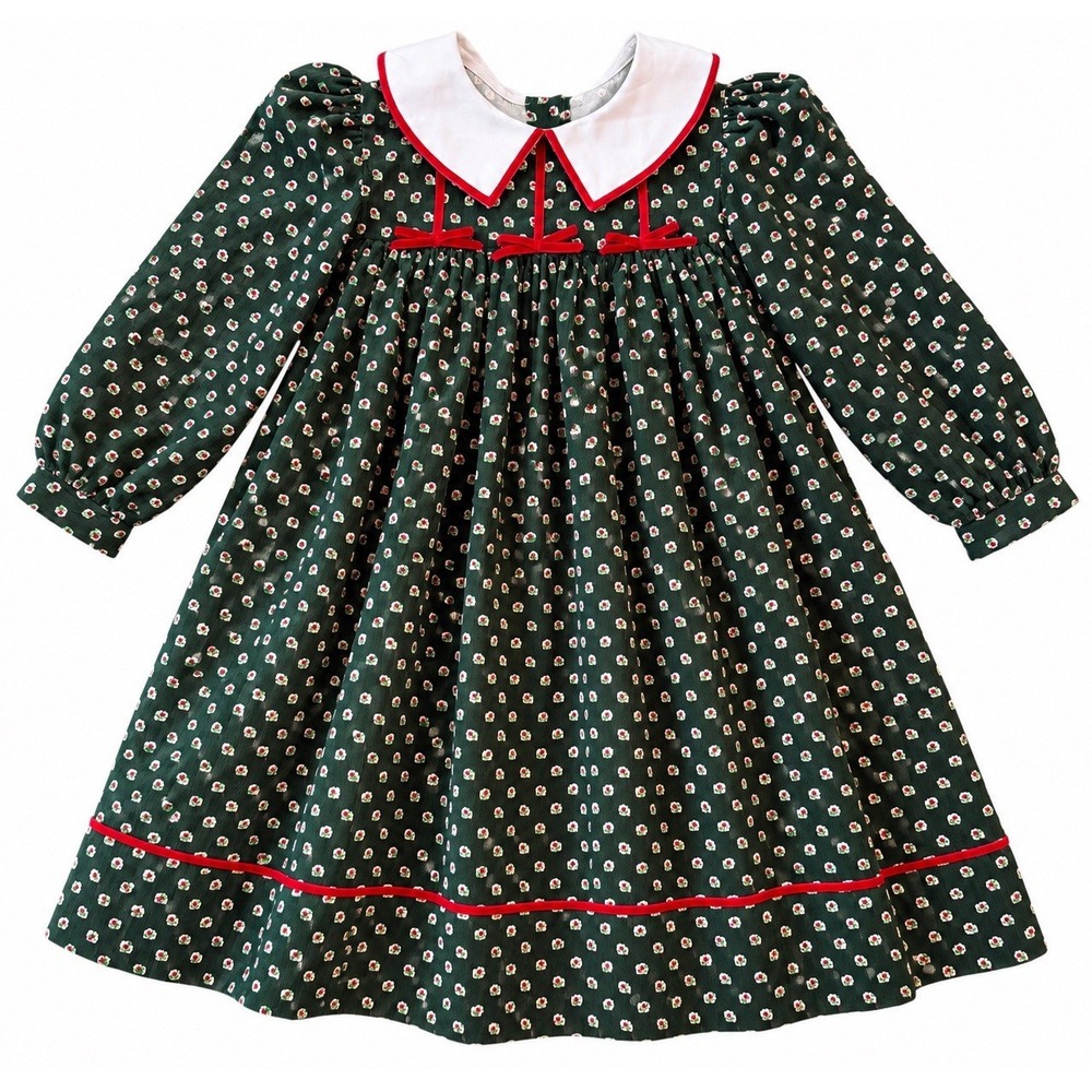 VTG Girl 4T Green Christmas Dress Peter Pan Collar Floral Red Velvet Bow Holiday